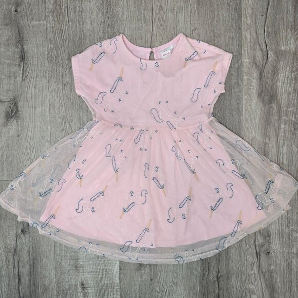 Pink Hanna Andersson Girls Unicorn Embroidered Dress W/ Sheer Overlay Size 6-7 - Picture 1 of 6
